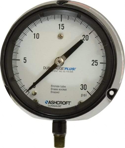 Ashcroft - 4-1/2" Dial, 1/4 Thread, 0-30 Scale Range, Pressure Gauge - Lower Connection, Rear Flange Connection Mount, Accurate to 0.5% of Scale - Makers Industrial Supply