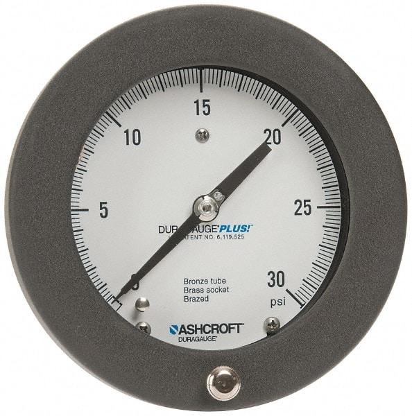 Ashcroft - 4-1/2" Dial, 1/4 Thread, 0-30 Scale Range, Pressure Gauge - Center Back Connection Mount, Accurate to 0.5% of Scale - Makers Industrial Supply