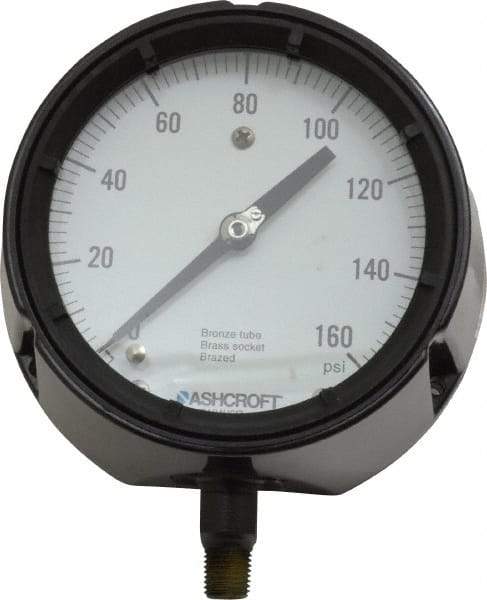 Ashcroft - 4-1/2" Dial, 1/4 Thread, 0-160 Scale Range, Pressure Gauge - Lower Connection, Rear Flange Connection Mount, Accurate to 0.5% of Scale - Makers Industrial Supply