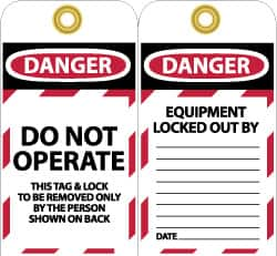 NMC - 3" High x 6" Long, DANGER - DO NOT OPERATE - THIS TAG & LOCK TO BE REMOVED ONLY BY THE PERSON SHOWN ON BACK, English Safety & Facility Lockout Tag - Tag Header: Danger, 2 Sides, Black, Red & White Unrippable Vinyl - Makers Industrial Supply