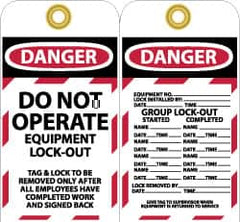 NMC - 3" High x 6" Long, DANGER - DO NOT OPERATE - EQUIPMENT LOCK-OUT, English Safety & Facility Lockout Tag - Tag Header: Danger, 2 Sides, Black, Red & White Unrippable Vinyl - Makers Industrial Supply