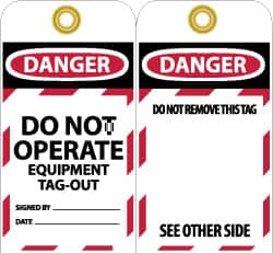 NMC - 3" High x 6" Long, DANGER - DO NOT OPERATE - EQUIPMENT TAG-OUT, English Safety & Facility Lockout Tag - Tag Header: Danger, 2 Sides, Black, Red & White Unrippable Vinyl - Makers Industrial Supply