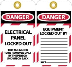 NMC - 3" High x 6" Long, DANGER - ELECTRICAL PANEL LOCKED OUT - THIS TAG & LOCK TO BE REMOVED ONLY BY THE PERSON SHOWN ON BACK, English Safety & Facility Lockout Tag - Tag Header: Danger, 2 Sides, Black, Red & White Unrippable Vinyl - Makers Industrial Supply