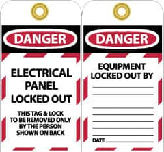 NMC - 3" High x 6" Long, DANGER - ELECTRICAL PANEL LOCKED OUT - THIS TAG & LOCK TO BE REMOVED ONLY BY THE PERSON SHOWN ON BACK, English Safety & Facility Lockout Tag - Tag Header: Danger, 2 Sides, Black, Red & White Unrippable Vinyl - Makers Industrial Supply