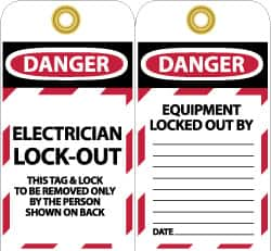 NMC - 3" High x 6" Long, DANGER - ELECTRICIAN LOCK-OUT - THIS TAG & LOCK TO BE REMOVED ONLY BY THE PERSON SHOWN ON BACK, English Safety & Facility Lockout Tag - Tag Header: Danger, 2 Sides, Black, Red & White Unrippable Vinyl - Makers Industrial Supply