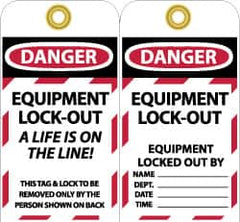 NMC - 3" High x 6" Long, DANGER - EQUIPMENT LOCK-OUT - A LIFE IS ON THE LINE! THIS TAG & LOCK TO BE REMOVED ONLY BY THE PERSON SHOWN ON BACK, English Safety & Facility Lockout Tag - Tag Header: Danger, 2 Sides, Black, Red & White Unrippable Vinyl - Makers Industrial Supply