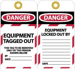 NMC - 3" High x 6" Long, DANGER - EQUIPMENT TAGGED OUT - THIS TAG TO BE REMOVED ONLY BY THE PERSON SHOWN BELOW, English Safety & Facility Lockout Tag - Tag Header: Danger, 2 Sides, Black, Red & White Unrippable Vinyl - Makers Industrial Supply