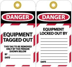 NMC - 3" High x 6" Long, DANGER - EQUIPMENT TAGGED OUT - THIS TAG TO BE REMOVED ONLY BY THE PERSON SHOWN BELOW, English Safety & Facility Lockout Tag - Tag Header: Danger, 2 Sides, Black, Red & White Unrippable Vinyl - Makers Industrial Supply