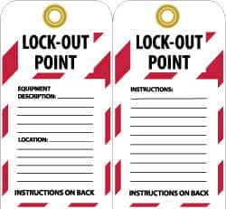 NMC - 3" High x 6" Long, LOCK-OUT POINT, English Safety & Facility Lockout Tag - Tag Header: Notice, 2 Sides, Black, Red & White Unrippable Vinyl - Makers Industrial Supply