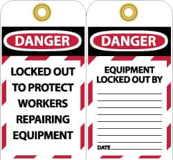 NMC - 3" High x 6" Long, DANGER - LOCKED OUT TO PROTECT WORKERS REPAIRING EQUIPMENT, English Safety & Facility Lockout Tag - Tag Header: Danger, 2 Sides, Black, Red & White Unrippable Vinyl - Makers Industrial Supply