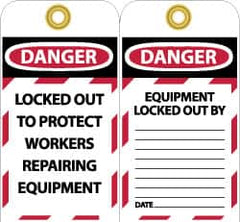 NMC - 3" High x 6" Long, DANGER - LOCKED OUT TO PROTECT WORKERS REPAIRING EQUIPMENT, English Safety & Facility Lockout Tag - Tag Header: Danger, 2 Sides, Black, Red & White Unrippable Vinyl - Makers Industrial Supply