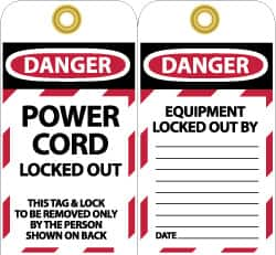 NMC - 3" High x 6" Long, DANGER - POWER CORD LOCKED OUT - THIS TAG & LOCK TO BE REMOVED ONLY BY THE PERSON SHOWN ON BACK, English Safety & Facility Lockout Tag - Tag Header: Danger, 2 Sides, Black, Red & White Unrippable Vinyl - Makers Industrial Supply