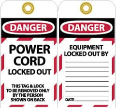 NMC - 3" High x 6" Long, DANGER - POWER CORD LOCKED OUT - THIS TAG & LOCK TO BE REMOVED ONLY BY THE PERSON SHOWN ON BACK, English Safety & Facility Lockout Tag - Tag Header: Danger, 2 Sides, Black, Red & White Unrippable Vinyl - Makers Industrial Supply