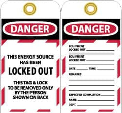 NMC - 3" High x 6" Long, DANGER - THIS ENERGY SOURCE HAS BEEN LOCKED OUT - THIS TAB & LOCK TO BE REMOVED ONLY BY THE PERSON SHOWN ON BACK, English Safety & Facility Lockout Tag - Tag Header: Danger, 2 Sides, Black, Red & White Unrippable Vinyl - Makers Industrial Supply