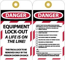 NMC - 3" High x 6" Long, DANGER - EQUIPMENT LOCK-OUT - A LIFE IS ON THE LINE! THIS TAG & LOCK TO BE REMOVED ONLY BY THE PERSON SHOWN ON BACK, English Safety & Facility Lockout Tag - Tag Header: Danger, 2 Sides, Black, Red & White Unrippable Vinyl - Makers Industrial Supply