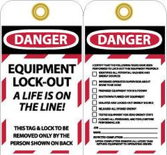 NMC - 3" High x 6" Long, DANGER - EQUIPMENT LOCK-OUT - A LIFE IS ON THE LINE! THIS TAG & LOCK TO BE REMOVED ONLY BY THE PERSON SHOWN ON BACK, English Safety & Facility Lockout Tag - Tag Header: Danger, 2 Sides, Black, Red & White Unrippable Vinyl - Makers Industrial Supply