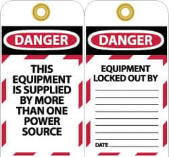 NMC - 3" High x 6" Long, DANGER - THIS EQUIPMENT IS SUPPLIED BY MORE THAN ONE POWER SOURCE, English Safety & Facility Lockout Tag - Tag Header: Danger, 2 Sides, Black, Red & White Unrippable Vinyl - Makers Industrial Supply