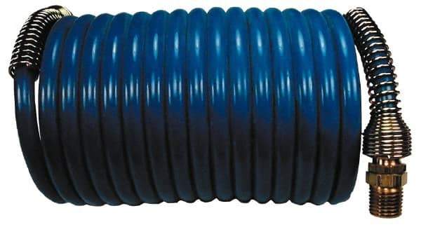 Coilhose Pneumatics - 1/4" ID, 1/4 Thread, 12' Long, Blue Nylon Coiled & Self Storing Hose - 220 Max psi, Male Swivel x Male Swivel - Makers Industrial Supply