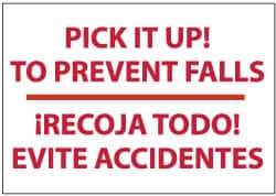 NMC - "Pick It Up! to Prevent Falls", 14" Long x 20" Wide, Pressure-Sensitive Vinyl Safety Sign - Rectangle, 0.004" Thick, Use for Accident Prevention - Makers Industrial Supply