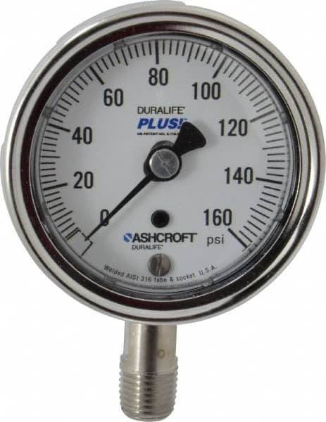 Ashcroft - 2-1/2" Dial, 1/4 Thread, 0-160 Scale Range, Pressure Gauge - Lower Connection Mount, Accurate to 1% of Scale - Makers Industrial Supply