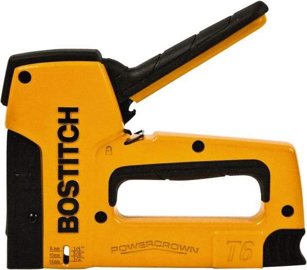 Stanley Bostitch - Manual Staple Gun - 1/4, 5/16, 3/8, 1/2, 9/16" Staples, 84 Lb Capacity, Yellow, Aluminum Die Cast - Makers Industrial Supply