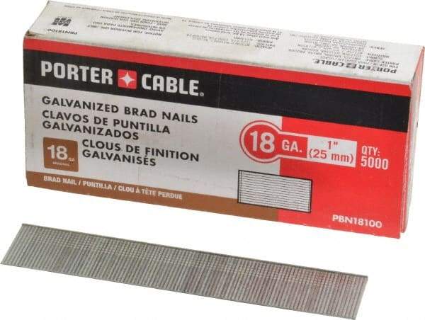 Porter-Cable - 18 Gauge 1" Long Brad Nails for Power Nailers - Grade 2 Steel, Galvanized Finish, Smooth Shank, Straight Stick Collation, Brad Head, Chisel Point - Makers Industrial Supply