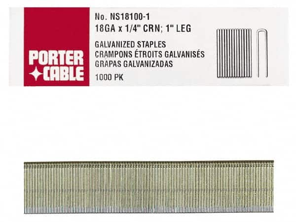 Porter-Cable - 1-1/4" Long x 1/4" Wide, 18 Gauge Narrow Crown Construction Staple - Grade 2 Steel, Galvanized Finish - Makers Industrial Supply