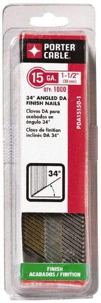 Porter-Cable - 15 Gauge 1-1/2" Long Finishing Nails for Power Nailers - Grade 2 Steel, Bright Finish, Angled Stick Collation, Chisel Point - Makers Industrial Supply