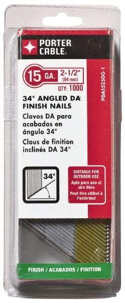 Porter-Cable - 15 Gauge 2-1/2" Long Finishing Nails for Power Nailers - Grade 2 Steel, Galvanized Finish, Angled Stick Collation, Chisel Point - Makers Industrial Supply