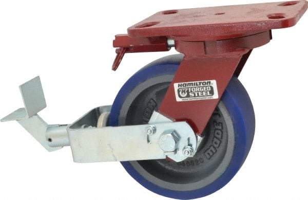 Hamilton - 6" Diam x 2" Wide x 7-3/4" OAH Top Plate Mount Swivel Caster with Brake - Polyurethane, 960 Lb Capacity, Precision Sealed Bearing, 4-1/2 x 6-1/2" Plate - Makers Industrial Supply