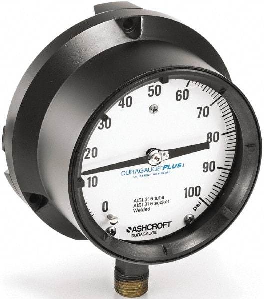 Ashcroft - 6" Dial, 1/2 Thread, 0-15 Scale Range, Pressure Gauge - Lower Connection Mount, Accurate to 0.5% of Scale - Makers Industrial Supply