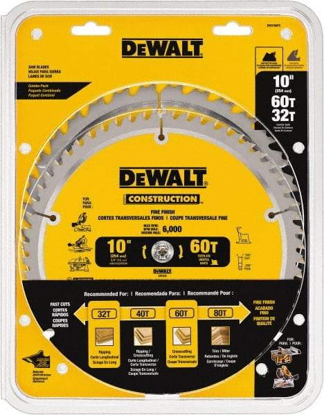 DeWALT - 10" Diam, 5/8" Arbor Hole Diam, 32 & 60 Tooth Wet & Dry Cut Saw Blade - Carbide-Tipped, Fine Finish & General Purpose Action, Standard Round Arbor - Makers Industrial Supply