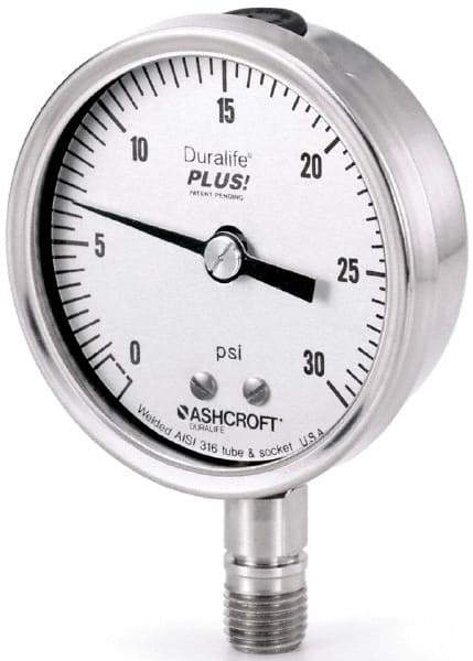 Ashcroft - 3-1/2" Dial, 1/4 Thread, 30-0-150 Scale Range, Pressure Gauge - Lower Connection Mount, Accurate to 1% of Scale - Makers Industrial Supply