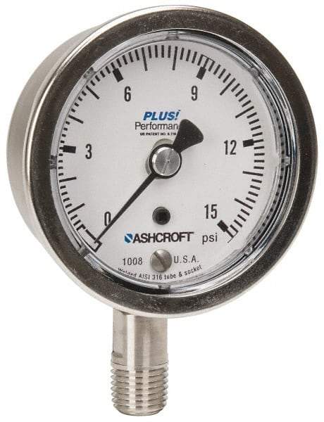 Ashcroft - 2-1/2" Dial, 1/4 Thread, 0-15 Scale Range, Pressure Gauge - Lower Connection Mount, Accurate to 3-2-3% of Scale - Makers Industrial Supply