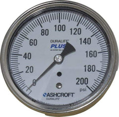 Ashcroft - 3-1/2" Dial, 1/4 Thread, 0-200 Scale Range, Pressure Gauge - Center Back Connection Mount, Accurate to 1% of Scale - Makers Industrial Supply