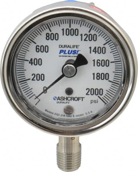 Ashcroft - 2-1/2" Dial, 1/4 Thread, 0-2,000 Scale Range, Pressure Gauge - Lower Connection Mount, Accurate to 1% of Scale - Makers Industrial Supply