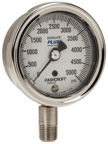 Ashcroft - 2-1/2" Dial, 1/4 Thread, 0-5,000 Scale Range, Pressure Gauge - Lower Connection Mount, Accurate to 1% of Scale - Makers Industrial Supply