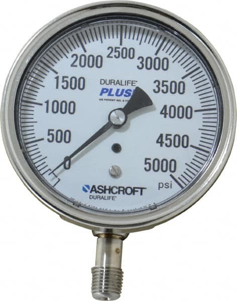 Ashcroft - 3-1/2" Dial, 1/4 Thread, 0-5,000 Scale Range, Pressure Gauge - Lower Connection Mount, Accurate to 1% of Scale - Makers Industrial Supply