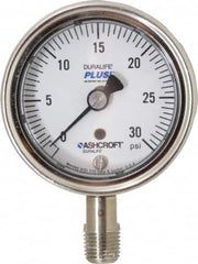 Ashcroft - 2-1/2" Dial, 1/4 Thread, 0-30 Scale Range, Pressure Gauge - Lower Connection Mount, Accurate to 1% of Scale - Makers Industrial Supply