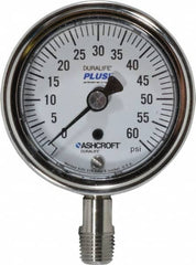 Ashcroft - 2-1/2" Dial, 1/4 Thread, 0-60 Scale Range, Pressure Gauge - Lower Connection Mount, Accurate to 1% of Scale - Makers Industrial Supply