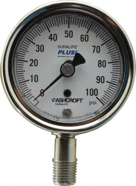 Ashcroft - 2-1/2" Dial, 1/4 Thread, 0-100 Scale Range, Pressure Gauge - Lower Connection Mount, Accurate to 1% of Scale - Makers Industrial Supply