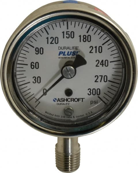 Ashcroft - 2-1/2" Dial, 1/4 Thread, 0-300 Scale Range, Pressure Gauge - Lower Connection Mount, Accurate to 1% of Scale - Makers Industrial Supply