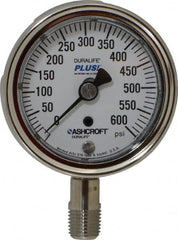 Ashcroft - 2-1/2" Dial, 1/4 Thread, 0-600 Scale Range, Pressure Gauge - Lower Connection Mount, Accurate to 1% of Scale - Makers Industrial Supply