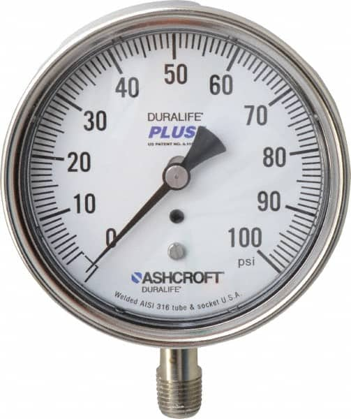 Ashcroft - 3-1/2" Dial, 1/4 Thread, 0-100 Scale Range, Pressure Gauge - Lower Connection Mount, Accurate to 1% of Scale - Makers Industrial Supply