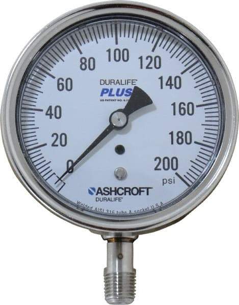 Ashcroft - 3-1/2" Dial, 1/4 Thread, 0-200 Scale Range, Pressure Gauge - Lower Connection Mount, Accurate to 1% of Scale - Makers Industrial Supply