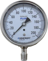 Ashcroft - 3-1/2" Dial, 1/4 Thread, 0-200 Scale Range, Pressure Gauge - Lower Connection Mount, Accurate to 1% of Scale - Makers Industrial Supply