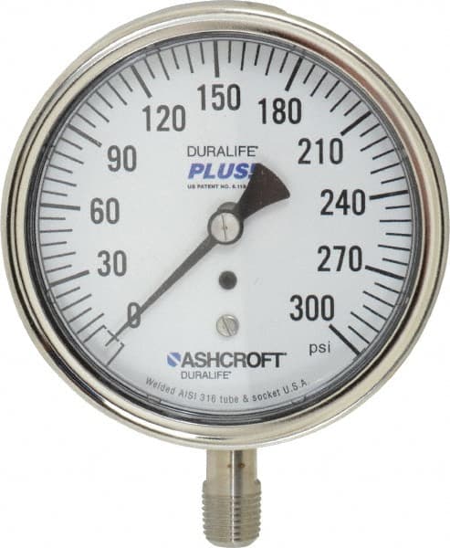 Ashcroft - 3-1/2" Dial, 1/4 Thread, 0-300 Scale Range, Pressure Gauge - Lower Connection Mount, Accurate to 1% of Scale - Makers Industrial Supply