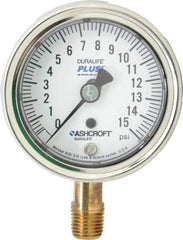 Ashcroft - 2-1/2" Dial, 1/4 Thread, 0-15 Scale Range, Pressure Gauge - Lower Connection Mount, Accurate to 1% of Scale - Makers Industrial Supply