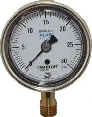 Ashcroft - 2-1/2" Dial, 1/4 Thread, 0-30 Scale Range, Pressure Gauge - Lower Connection Mount, Accurate to 1% of Scale - Makers Industrial Supply