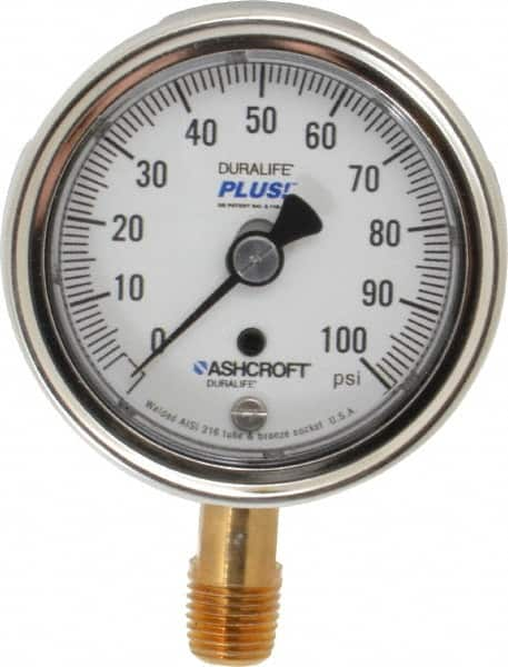 Ashcroft - 2-1/2" Dial, 1/4 Thread, 0-100 Scale Range, Pressure Gauge - Lower Connection Mount, Accurate to 1% of Scale - Makers Industrial Supply